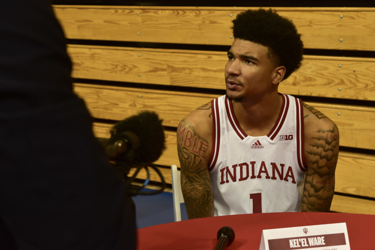 Oregon transfer and 7'0" center Kel'el Ware answers questions from the media during IU Basketball Media Day.